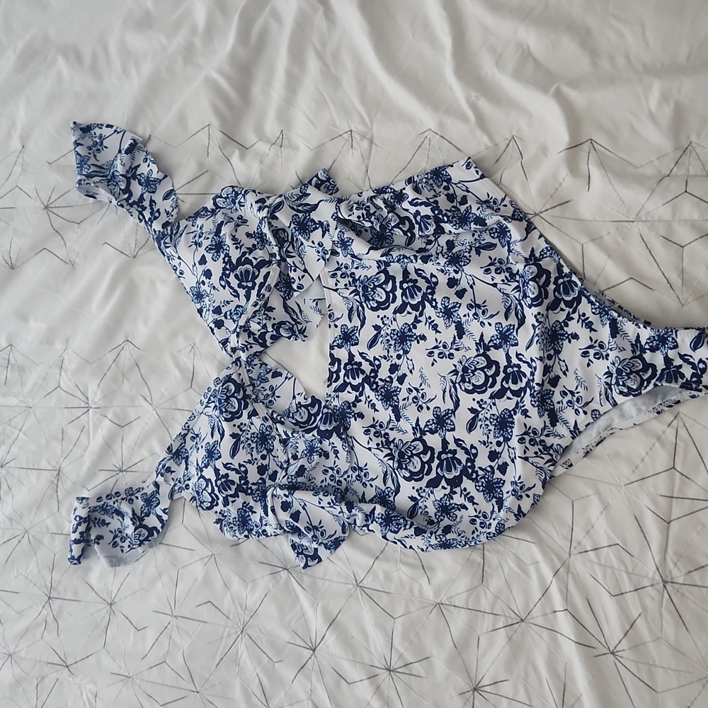Blue & White Floral One-Piece Swimsuit - Ruffled Shoulder Detail